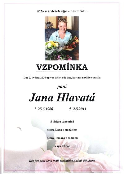 Smuteční oznámení – Jana Hlavatá