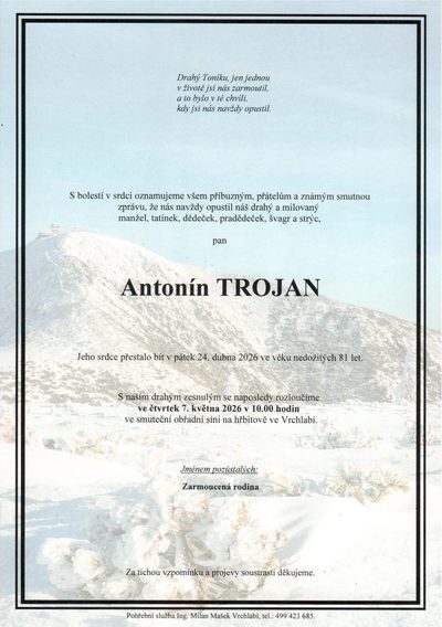 Smuteční oznámení – Antonín Trojan
