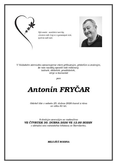 Smuteční oznámení – Antonín Fryčar