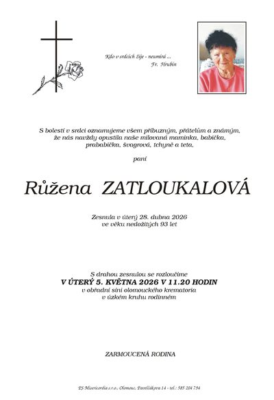 Smuteční oznámení – Růžena Zatloukalová