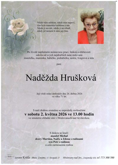 Smuteční oznámení – Naděžda Hrušková