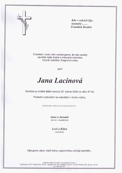 Smuteční oznámení – Jana Lacinová