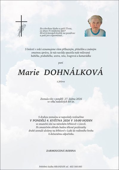 Smuteční oznámení – Marie Dohnálková