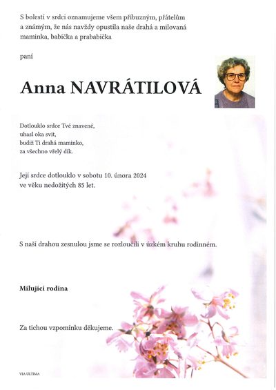 Smuteční oznámení – Anna Navrátilová