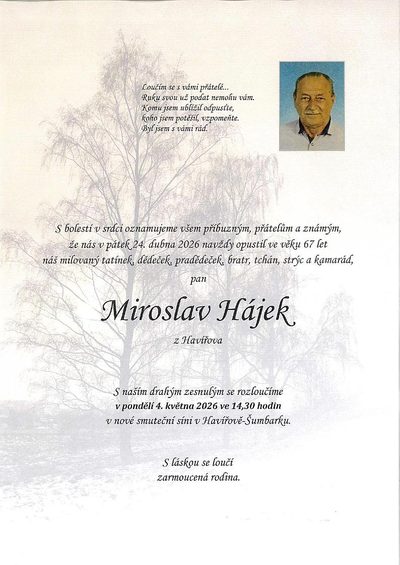 Smuteční oznámení – Miroslav Hájek