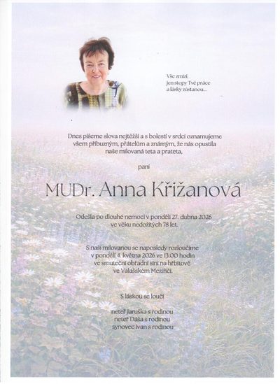 Smuteční oznámení – Anna Křižanová