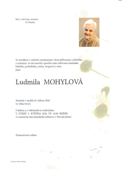 Smuteční oznámení – Ludmila Mohylová