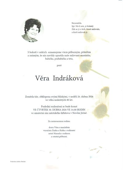 Smuteční oznámení – Věra Indráková