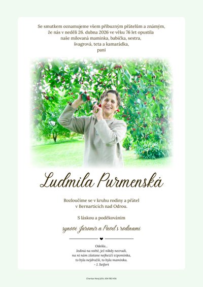 Smuteční oznámení – Ludmila Purmenská
