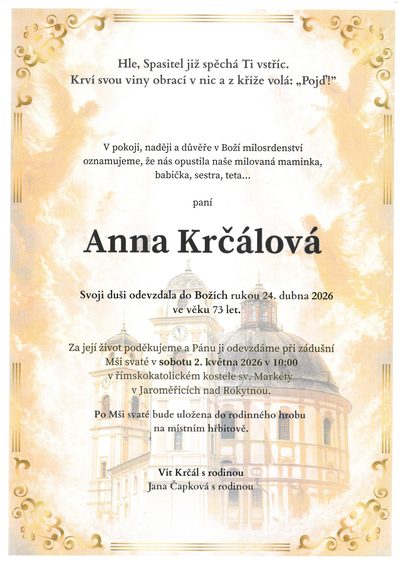 Smuteční oznámení – Anna Krčálová