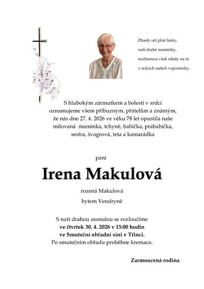 Smuteční oznámení – Irena Makulová