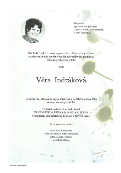 Smuteční oznámení – Věra Indráková
