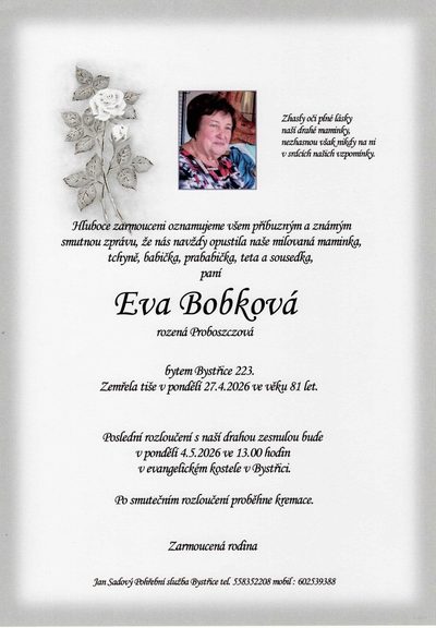 Smuteční oznámení – Fva Bobková