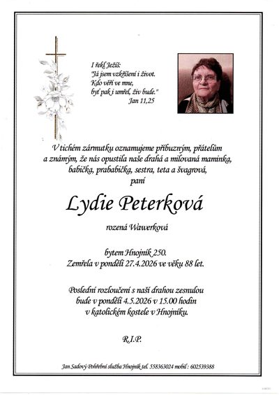 Smuteční oznámení – Lydie Peterková