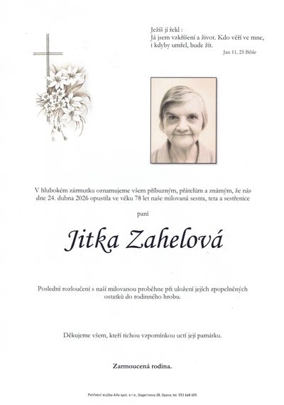Smuteční oznámení – Jitka Zahelová