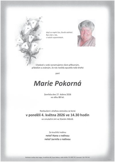 Smuteční oznámení – Marie Pokorná