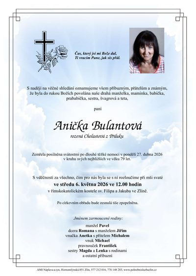 Smuteční oznámení – Anička Bulantová