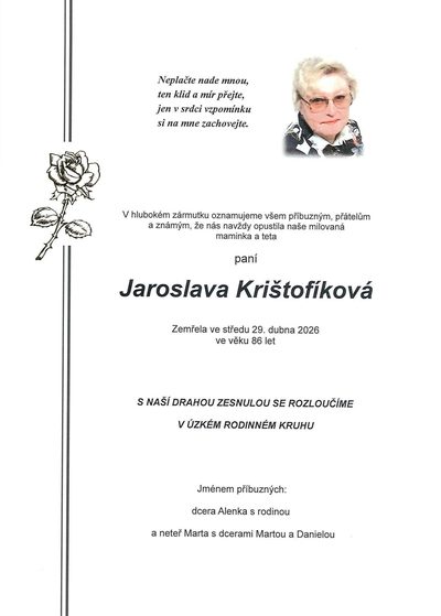 Smuteční oznámení – Jaroslava Krištofiková