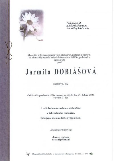 Smuteční oznámení – Jarmila Dobiášová