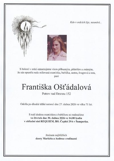 Smuteční oznámení – Františka Ošťádalová