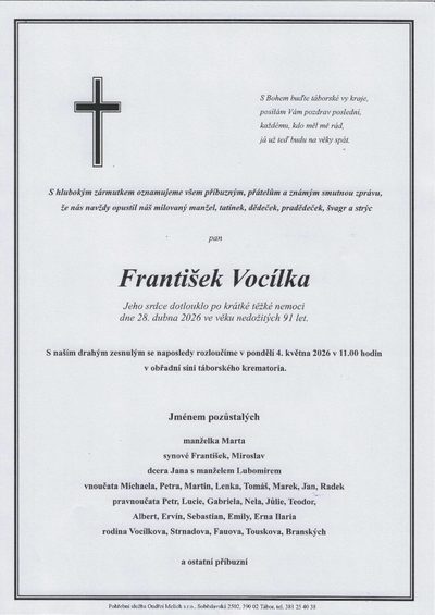 Smuteční oznámení – František Vocilka
