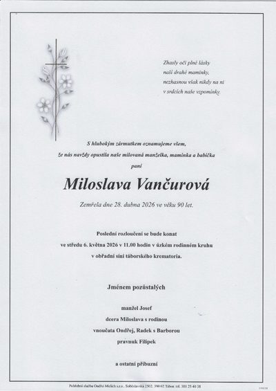 Smuteční oznámení – Miloslava Vančurová