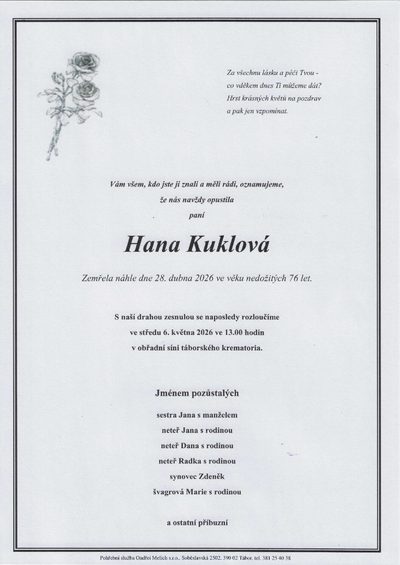 Smuteční oznámení – Hana Kuklová