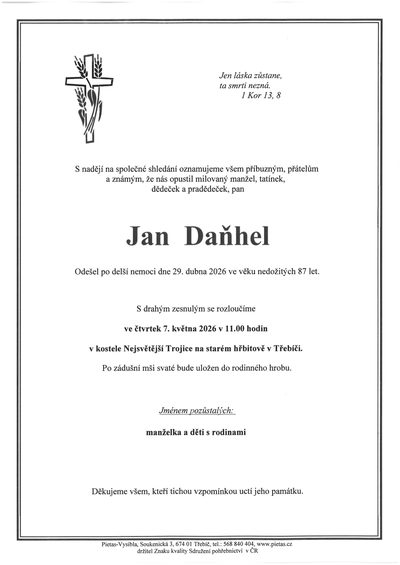 Smuteční oznámení – Jan Daňhel