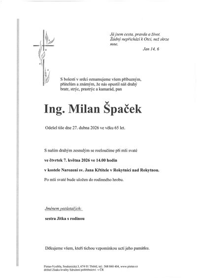 Smuteční oznámení – Milan Špaček