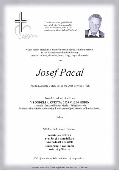 Smuteční oznámení – Josef Pacal