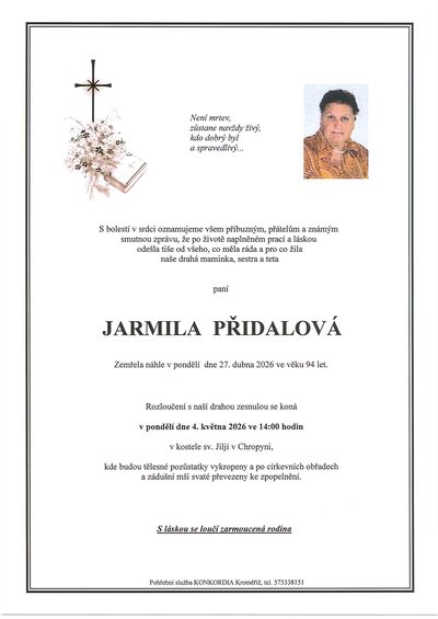 Smuteční oznámení – Jarmila Přidalová