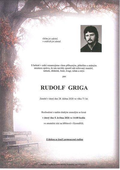 Smuteční oznámení – Rudolf Griga