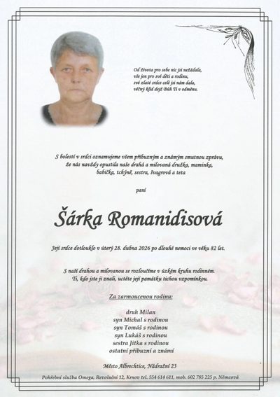 Smuteční oznámení – Šárka Romanidisová