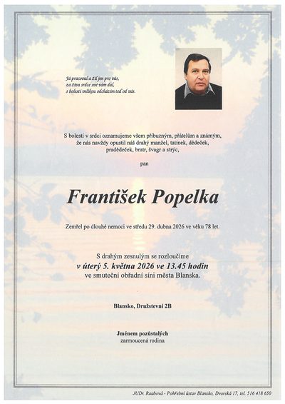 Smuteční oznámení – František Popelka