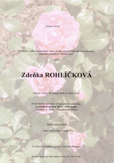 Smuteční oznámení – Zdeňka Rohlíčková