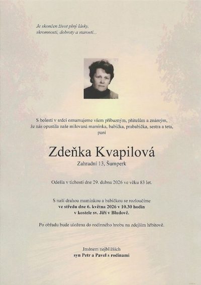Smuteční oznámení – Zdeňka Kvapilová