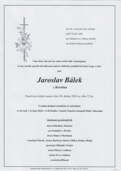 Smuteční oznámení – Jaroslav Bálek