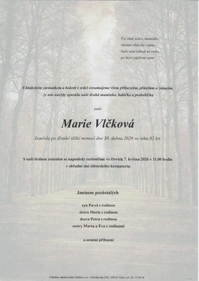 Smuteční oznámení – Marie Vlčková