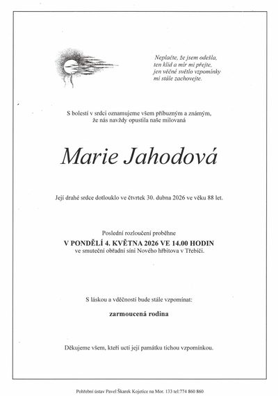 Smuteční oznámení – Marie Jahodová