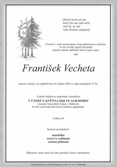 Smuteční oznámení – František Vecheta