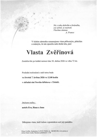 Smuteční oznámení – Vlasta Zvěřinová