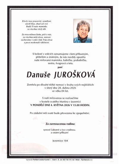 Smuteční oznámení – Danuše Jurošková