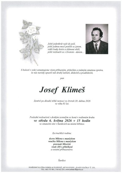 Smuteční oznámení – Josef Klimeš