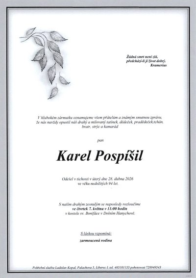 Smuteční oznámení – Karel Pospíšil