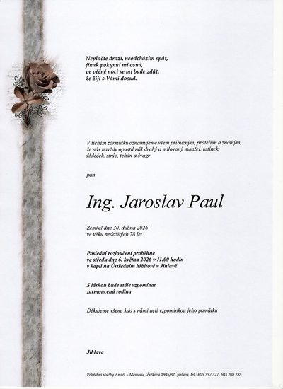 Smuteční oznámení – Jaroslav Paul
