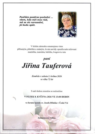 Smuteční oznámení – Jiřina Tauferová