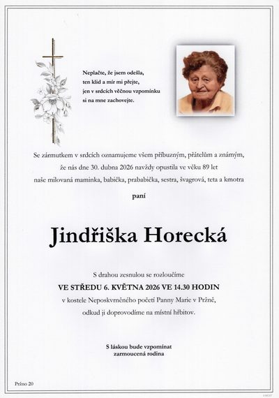 Smuteční oznámení – Jindřiška Horecká