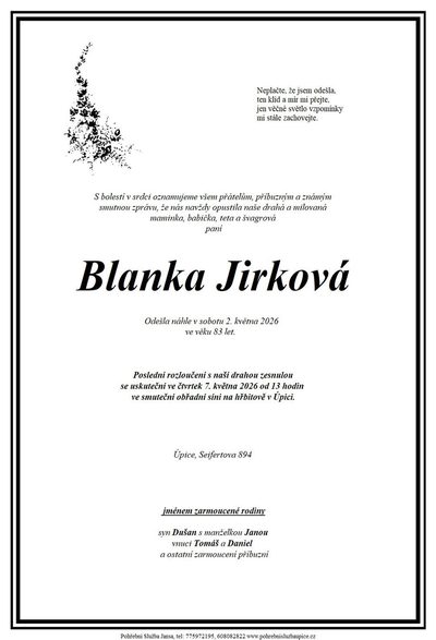 Smuteční oznámení – Blanka Jirková