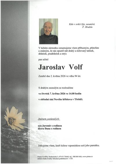Smuteční oznámení – Jaroslav Volf