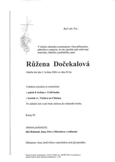 Smuteční oznámení – Růžena Dočekalová